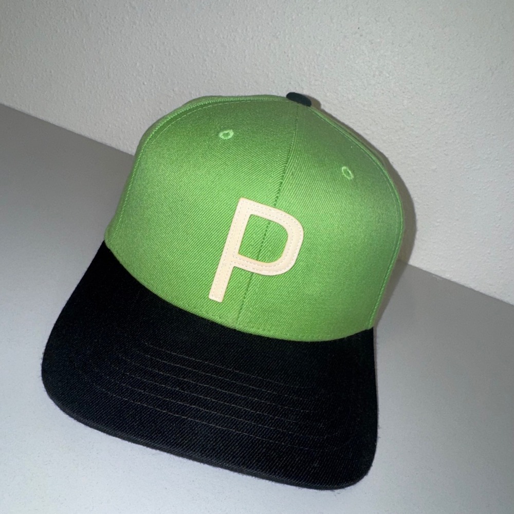 Puma Snapback Hat Mens OSFM‎ Green Black Excellent P Logo Flat Brim Cap